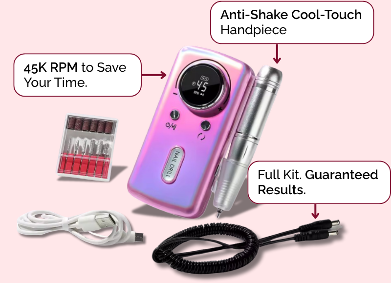 Pink nail file tool kit with components and text on a pink background